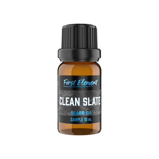 A 10ml bottle of Clean Slate Beard Oil on a white background.