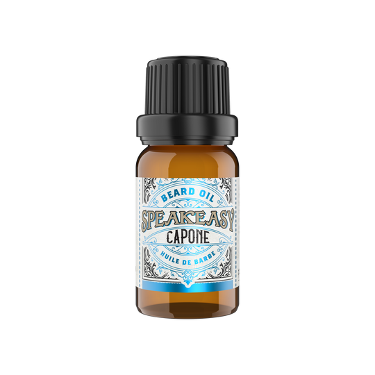 A 10ml amber bottle with an orifice reducer cap containing Premium Speakeasy Capone Beard Oil, handcrafted in Canada, on a white background.