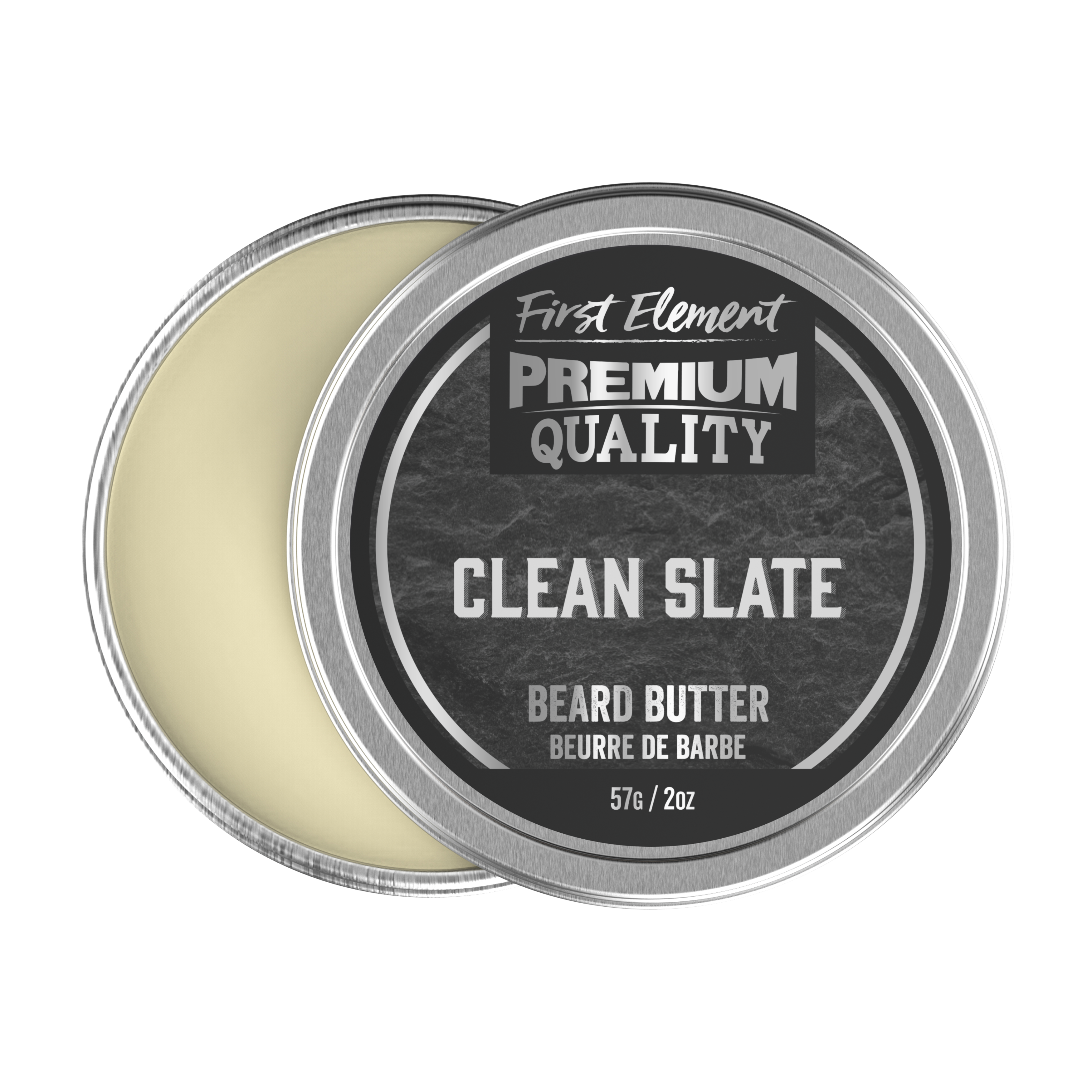 A 2oz metal tin of Clean Slate Beard Butter, handcrafted in small batches in Canada. The tin features a screw-on top with a tamper-evident seal.