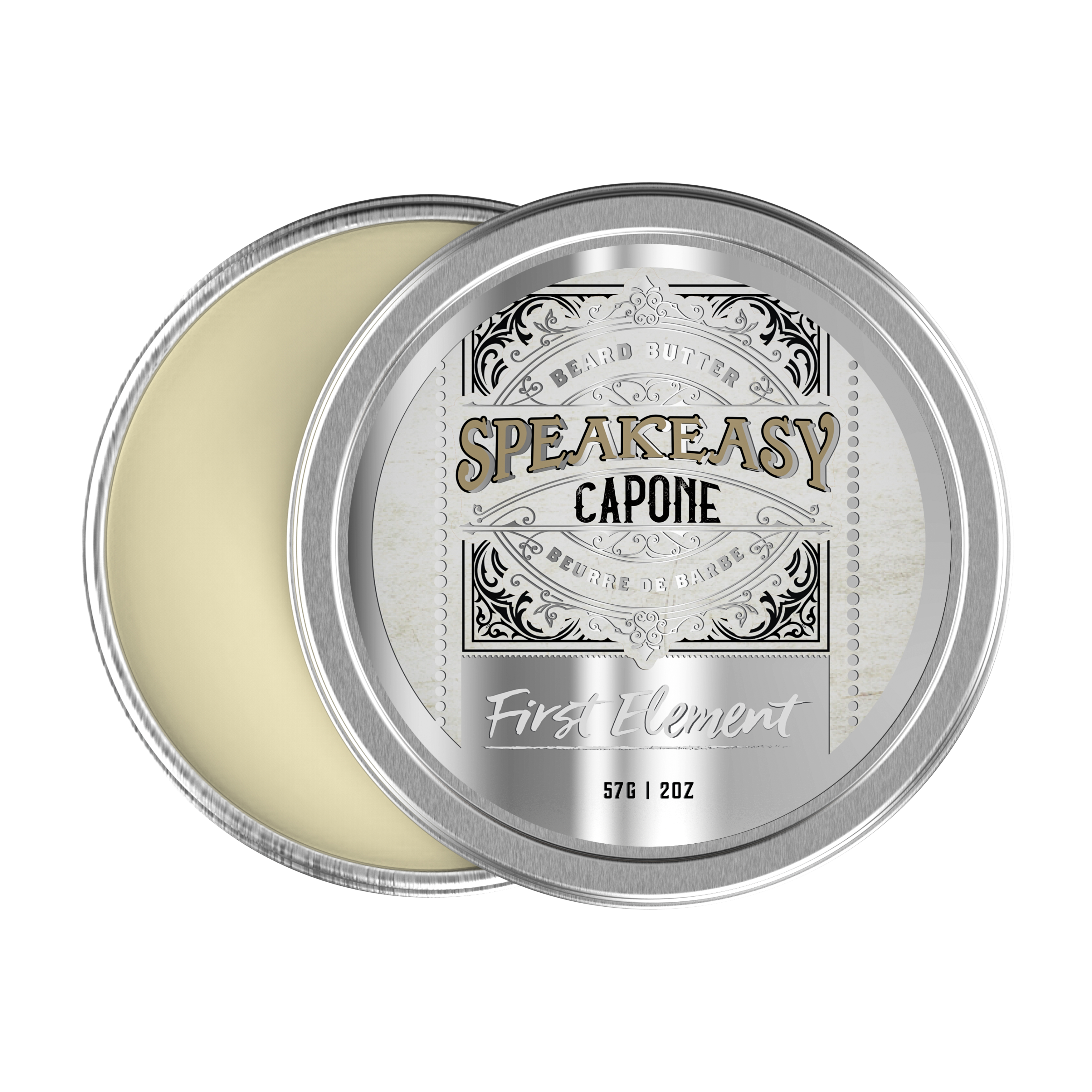 A 2-ounce metal tin with a screw-on top and a tamper-evident seal. The label reads 'Speakeasy Capone Beard Butter,' showcasing its Canadian-made, premium quality. The background features vintage-inspired typography, hinting at the old-school vibe of the product.