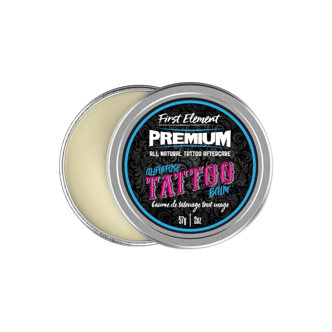 Premium Tattoo Balm in a 2oz metal tin with screw top and protective seal. All natural tattoo aftercare. Canadian made, hand poured, all-purpose tattoo aftercare balm from First Element
