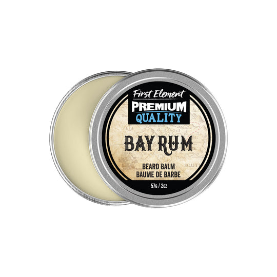 Bay Rum Beard Balm - First Element - Premium Bay Rum scented Beard Balm. Our Beard Balm comes in a nice 2oz metal tin with a screw on top with a tamper evident seal. Premium quality, hand made in Canada, all natural, hand poured beard balm