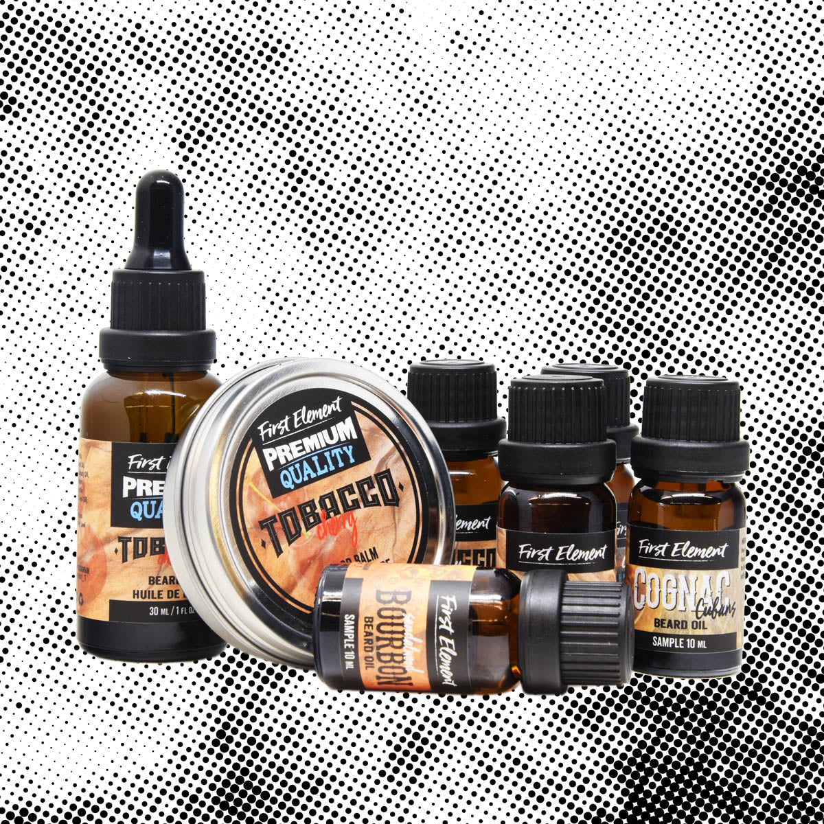 Beard Oil Sample Kit includes; 1 - 30ml Beard Oil - Amber Glass Bottle with a Glass Pipette Dropper. 6 - 10ml Beard Oils - Tester Bottles - Amber Glass Bottles with a Dropper. 1 - 2oz Beard Balm - Metal Screw Top Tin   Natural Line: Cedarwood, Orange Cedar, Fresh Winter, Bay Rum, Coconut, Vanilla Coffee, Unscented.  Fragrance Line: Vanilla Tobacco, Cherry Tobacco, Cognac Cubans, Classic Barbershop, Sandalwood Bourbon, Amber Sandalwood, Bamboo. 
