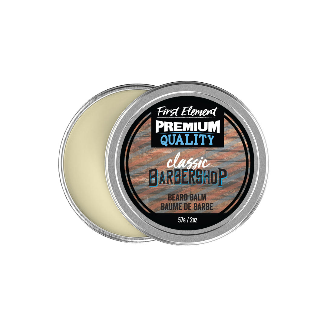 Classic Barbershop Beard Balm - First Element - Premium Classic Barbershop scented Beard Balm. Our Beard Balm comes in a nice 2oz metal tin with a screw on top with a tamper evident seal. Premium quality, hand made in Canada, all natural, hand poured beard balm