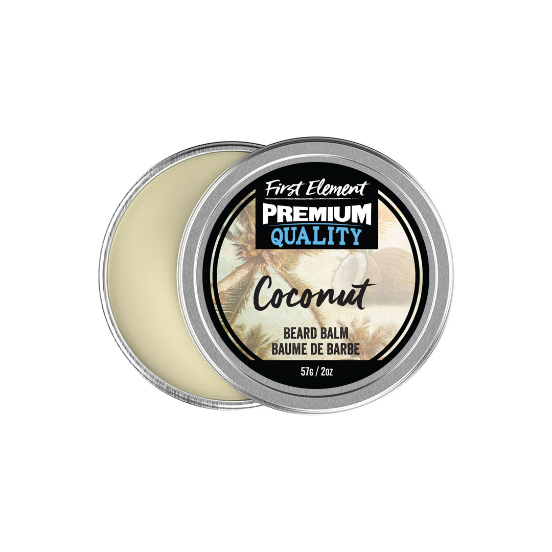 Coconut Beard Balm - First Element - Premium Coconut scented Beard Balm. Our Beard Balm comes in a nice 2oz metal tin with a screw on top with a tamper evident seal. Premium quality, hand made in Canada, all natural, hand poured beard balm