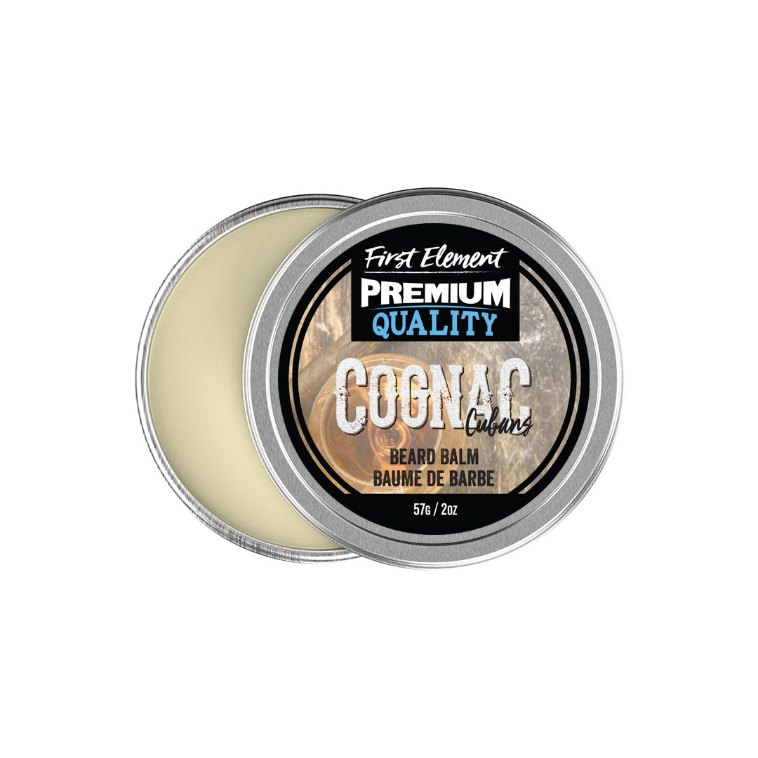 Cognac & Cubans Beard Balm - First Element - Premium Cognac & Cubans scented Beard Balm. Our Beard Balm comes in a nice 2oz metal tin with a screw on top with a tamper evident seal. Premium quality, hand made in Canada, all natural, hand poured beard balm