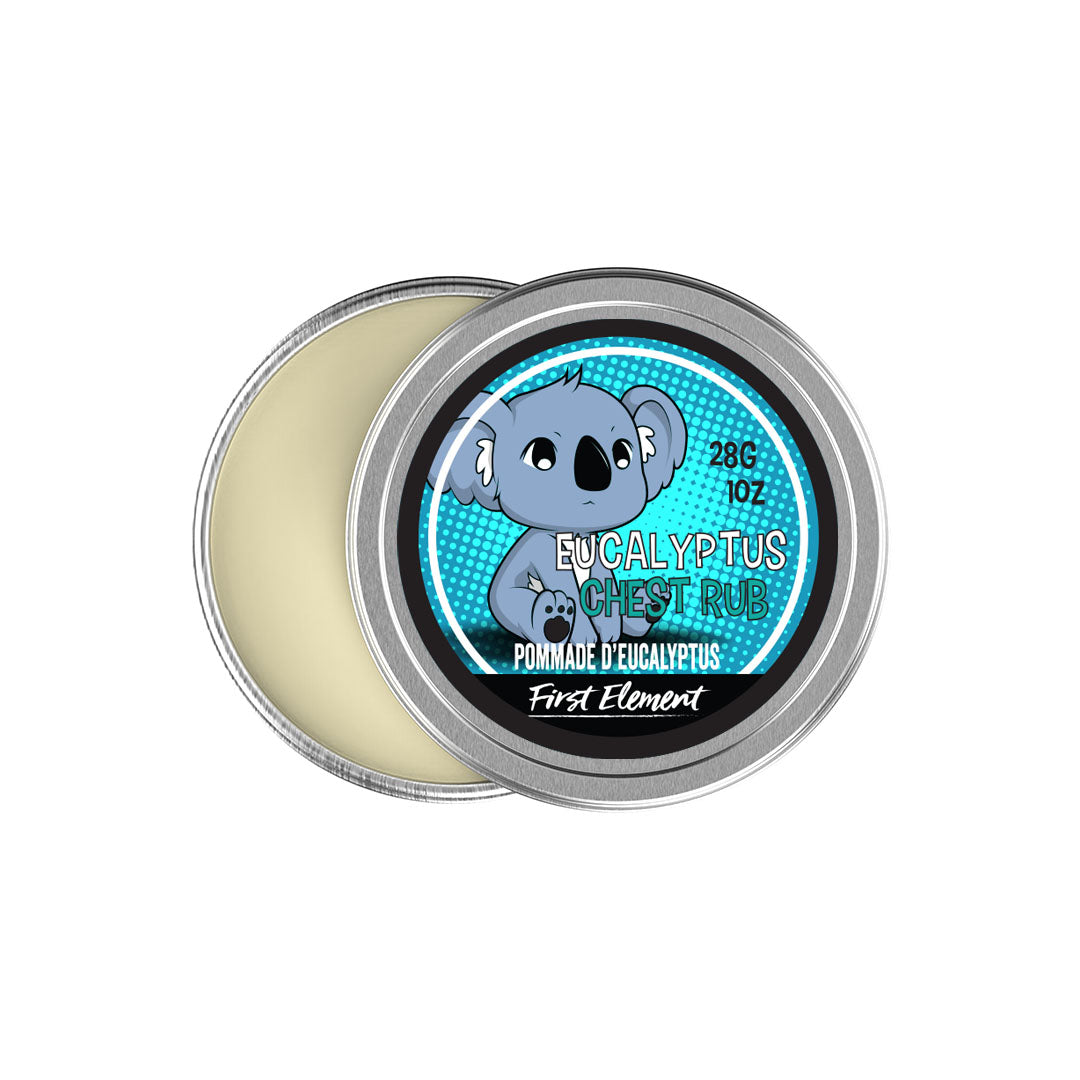 Natural Eucalyptus Chest Rub 30 grams in our 2oz metal screw top tin with protective seal - First Element - Made with 100% natural, organic and food grade ingredients this product is safe for use on children.  A handmade anti-viral and immune boosting blend of Eucalyptus, Wintergreen and Peppermint essential oils.