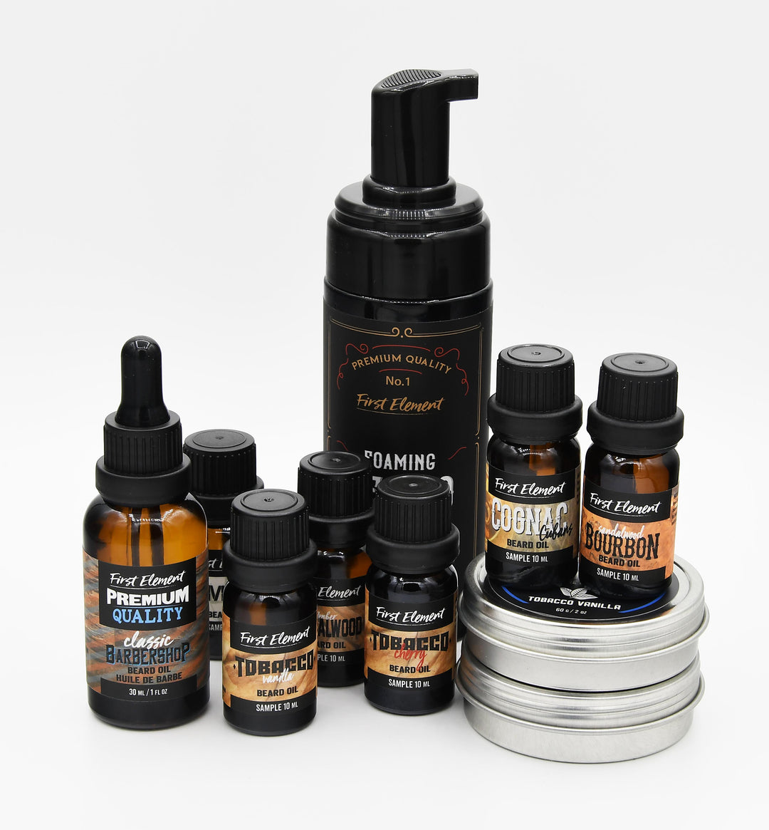 Beard Care Sample Kit includes;  1 - 30ml Beard Oil of the scent selected - Amber Glass Bottle with a Glass Pipette Dropper. (unscented unless otherwise requested in notes for another) 13 - 10ml Beard Oils - Tester Bottles - One of each scent that we offer.  1 - 2oz Beard Balm (unscented unless otherwise requested in notes for another) 1 150ml Foaming Beard Wash (unscented unless otherwise requested in notes for another) 1 - 2oz Beard Butter  Unscented