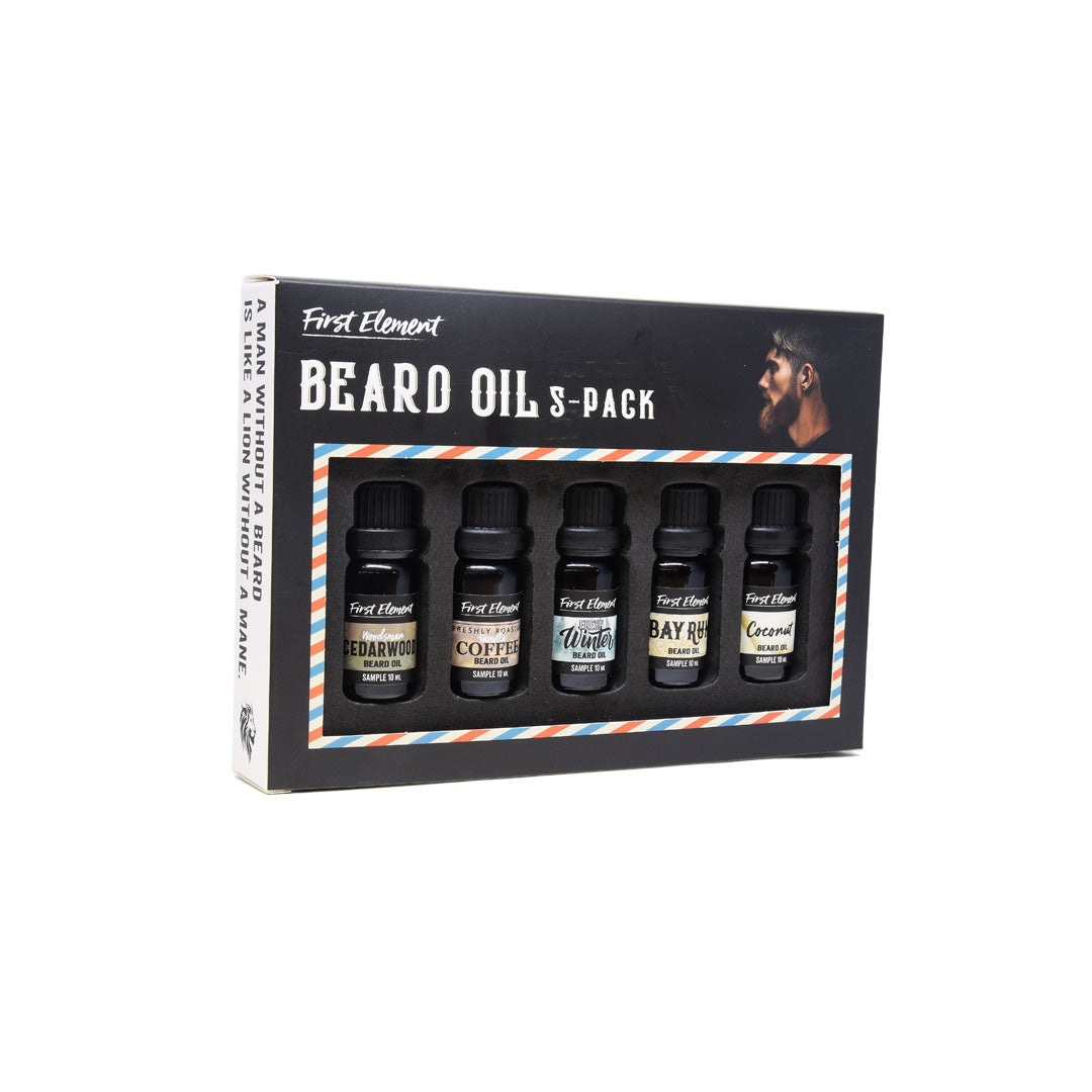 Beard Oil Variety 5-Pack Sampler- The Natural Collection - Cedarwood, Vanilla Coffee, Fresh Winter, Coconut, and Bay Rum. Each Bottle contains a 10ml Euro Dropper. 