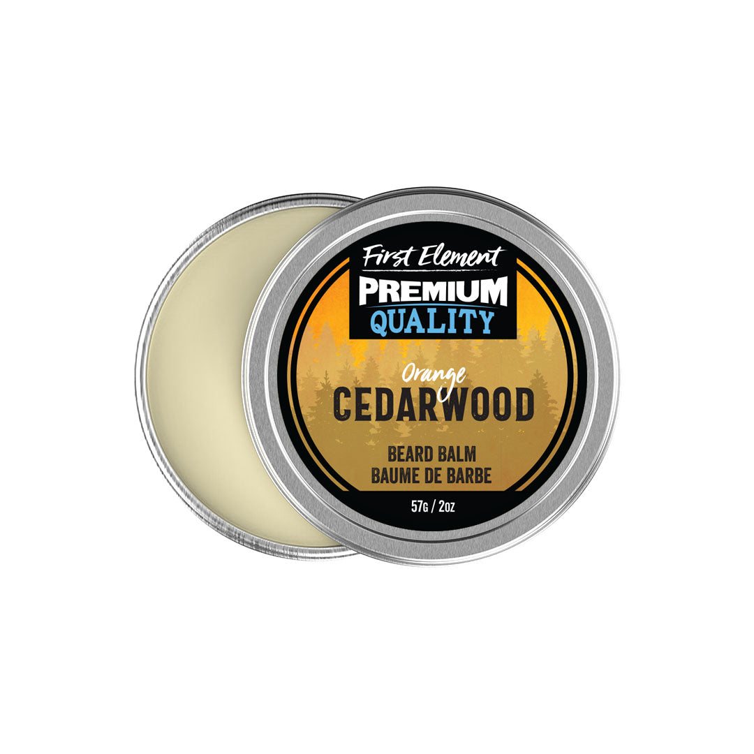 Orange Cedar Beard Balm - First Element - Premium orange cedar scented Beard Balm. Our Beard Balm comes in a nice 2oz metal tin with a screw on top with a tamper evident seal. Premium quality, hand made in Canada, all natural, hand poured beard balm