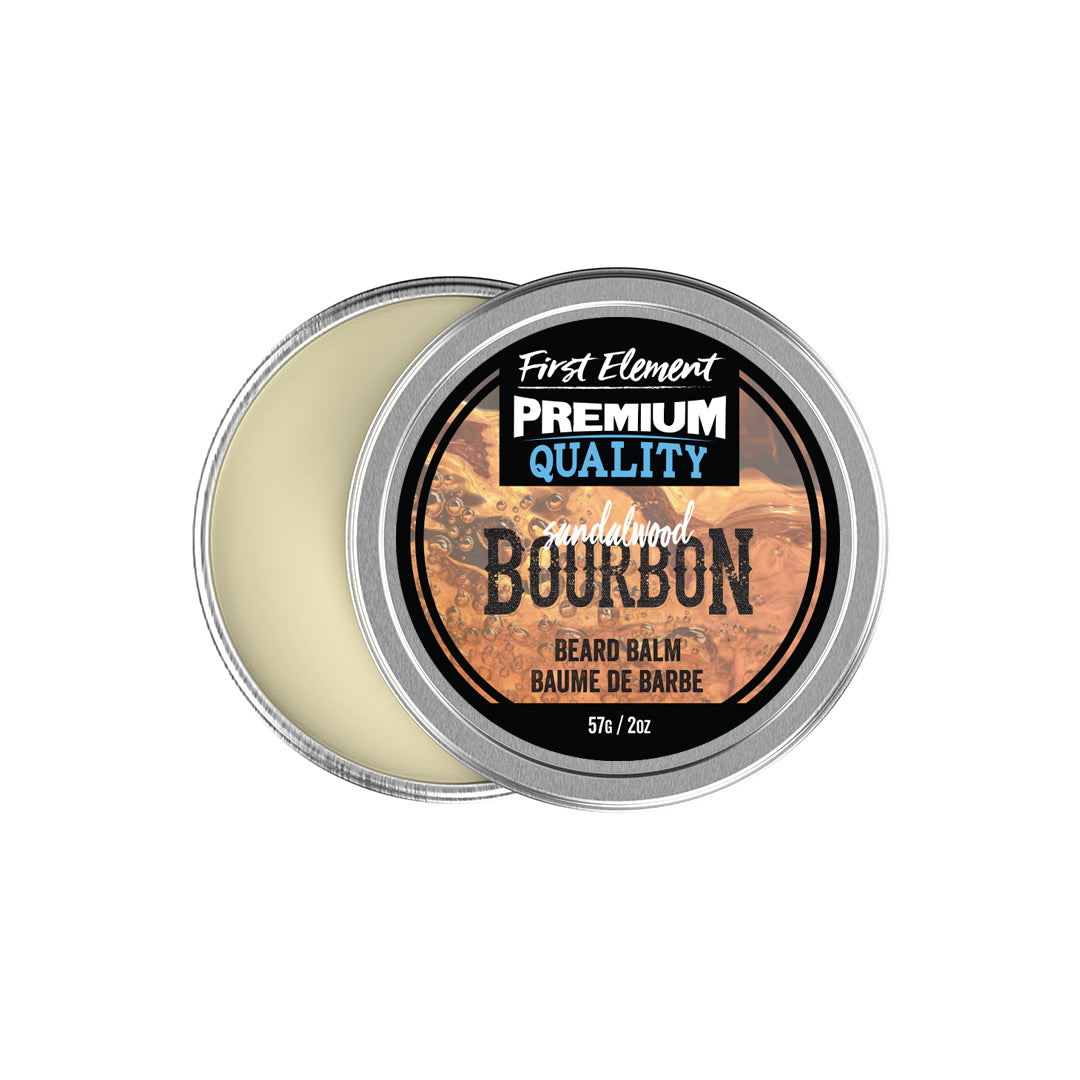 Sandalwood Bourbon Beard Balm - First Element Premium Sandalwood Bourbon scented Beard Balm. Our Beard Balm comes in a nice 2oz metal tin with a screw on top with a tamper evident seal. Premium quality, hand made in Canada, all natural, hand poured beard balm