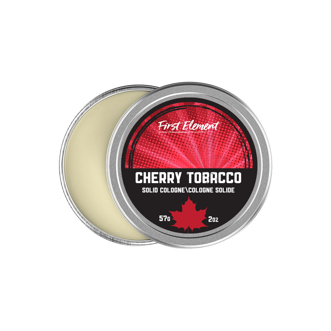 A 2oz silver metal tin containing premium solid cologne, set against a crisp white background. - Cherry Tobacco
