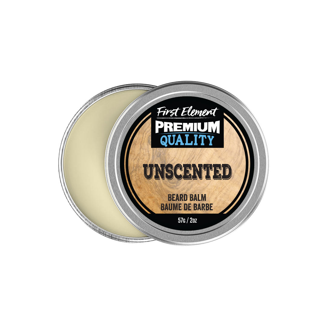 Unscented Beard Balm - First Element Premium unscented Beard Balm. Our Beard Balm comes in a nice 2oz metal tin with a screw on top with a tamper evident seal. Premium quality, hand made in Canada, all natural, hand poured beard balm