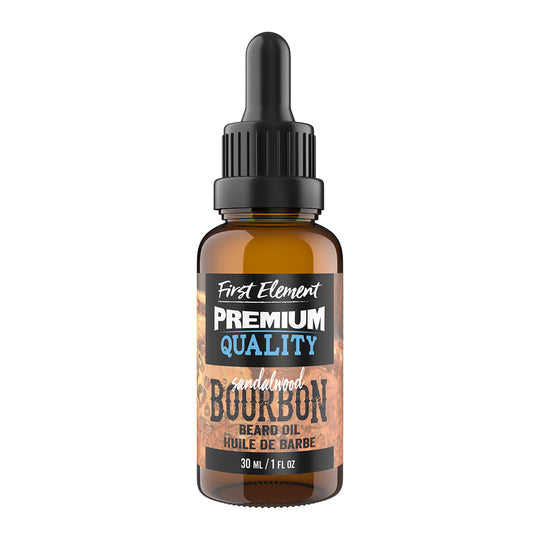 Sandalwood Bourbon Beard Oil - First Element Premium Sandalwood Bourbon scented Beard Oil. Our Beard Oil comes in a nice 30ml amber glass bottle with dropper. Premium quality, hand made in Canada, all natural, hand poured beard oil