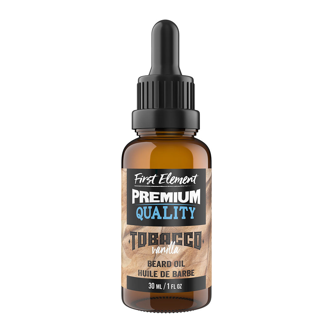 Vanilla Tobacco Beard Oil - First Element Premium Vanilla Tobacco scented Beard Oil. Our Beard Oil comes in a nice 30ml amber glass bottle with dropper. Premium quality, hand made in Canada, all natural, hand poured beard oil