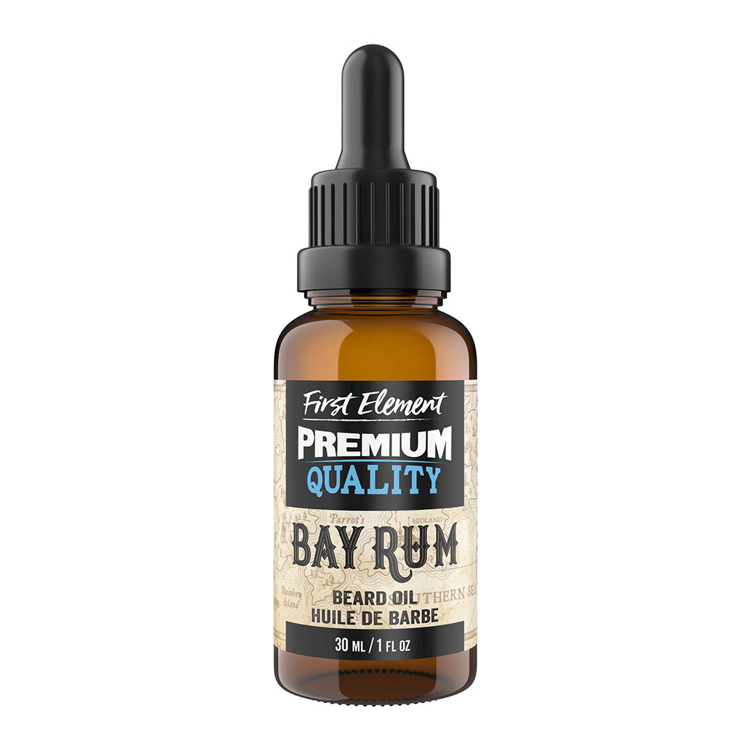 Bay Rum Beard Oil - First Element Premium Bay Rum scented Beard Oil. Our Beard Oil comes in a nice 30ml amber glass bottle with dropper. Premium quality, hand made in Canada, all natural, hand poured beard oil