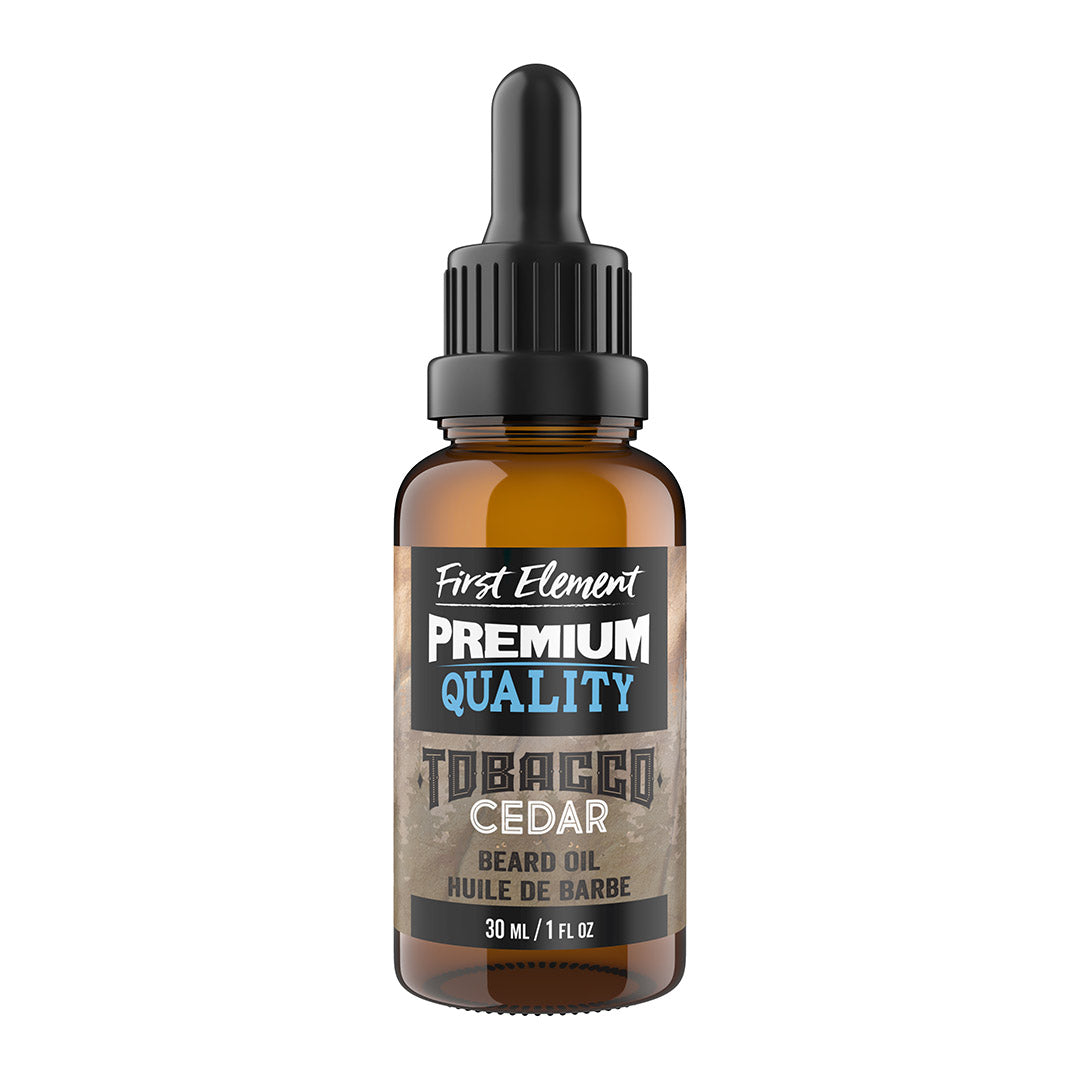 Cedar Tobacco Beard Oil - First Element Premium Cedar Tobacco scented Beard Oil. Our Beard Oil comes in a nice 30ml amber glass bottle with dropper. Premium quality, hand made in Canada, all natural, hand poured beard oil