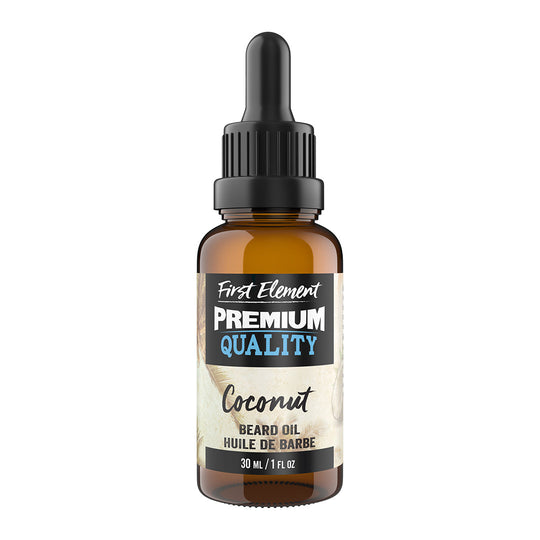 Coconut Beard Oil - First Element Premium Coconut scented Beard Oil. Our Beard Oil comes in a nice 30ml amber glass bottle with dropper. Premium quality, hand made in Canada, all natural, hand poured beard oil