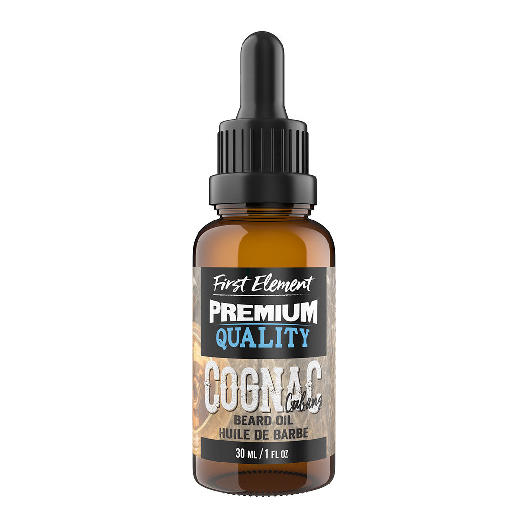 Cognac & Cubans Beard Oil - First Element Premium Cognac & Cubans scented Beard Oil. Our Beard Oil comes in a nice 30ml amber glass bottle with dropper. Premium quality, hand made in Canada, all natural, hand poured beard oil
