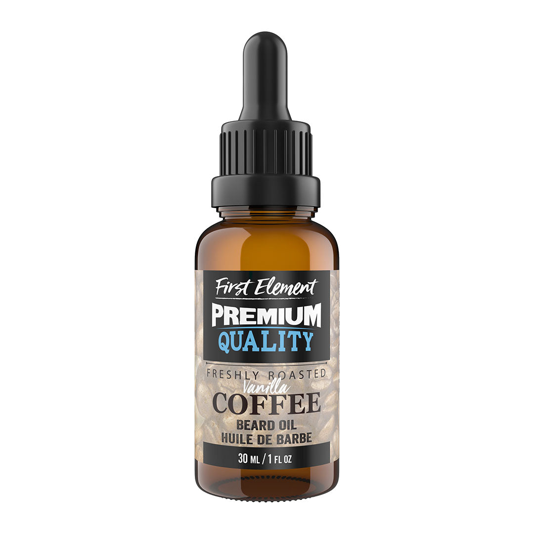 Vanilla Coffee Beard Oil - First Element Premium Vanilla Coffee scented Beard Oil. Our Beard Oil comes in a nice 30ml amber glass bottle with dropper. Premium quality, hand made in Canada, all natural, hand poured beard oil