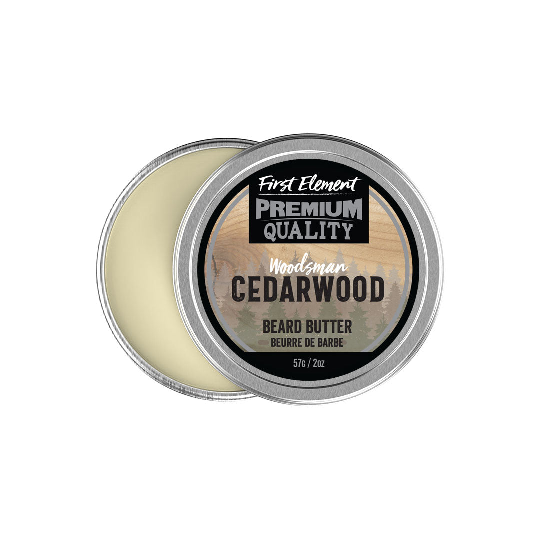 Cedarwood Beard Butter - First Element Premium Cedarwood scented Beard Butter. Our Beard Butter comes in a nice 2oz metal tin with a screw on top with a tamper evident seal. Premium quality, hand made in Canada, all natural, hand poured beard butter. 