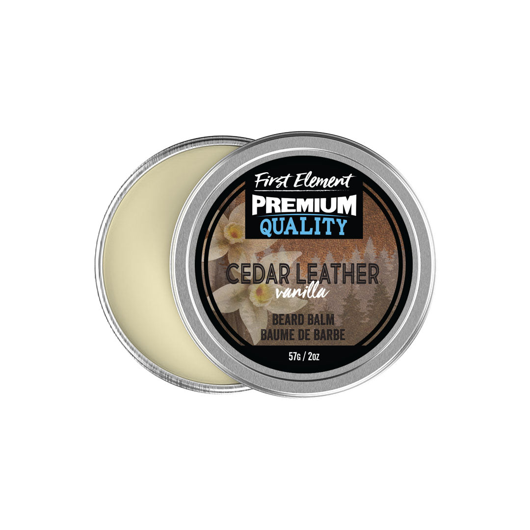 Premium Cedar Leather scented Beard Balm. Our Beard Balm comes in a nice 2oz metal tin with a screw on top with a tamper evident seal. Premium quality, hand made in Canada, all natural, hand poured beard balm