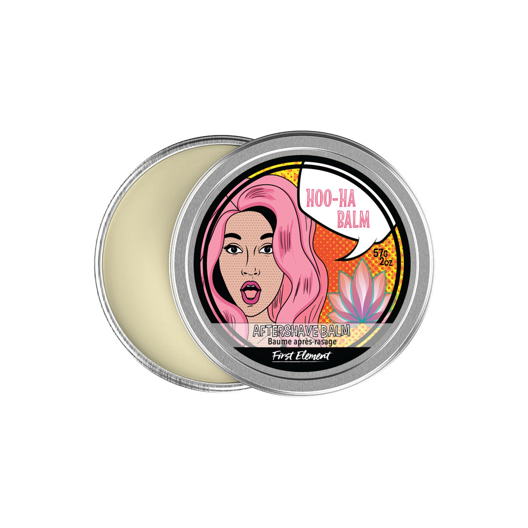 Her Hoo-Ha Balm in our metal 2oz tin with screw top and protective seal - Aftershave Balm - First Element  - Keep your skin soft, hydrated and supple with this 100% NATURAL aftershave balm. And prevent any sort of inflammation after you shave.