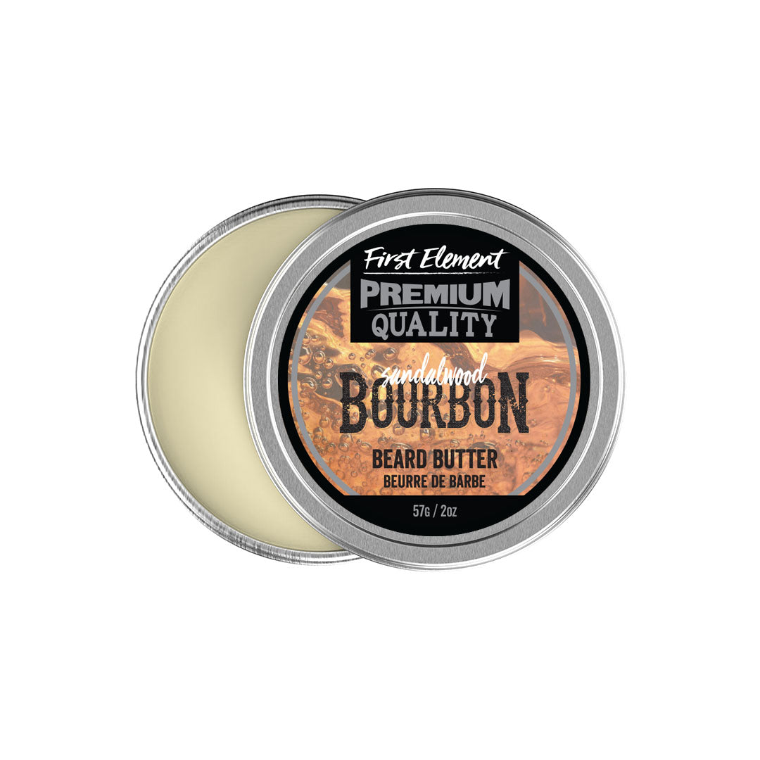 Image: A small metal tin of Sandalwood Bourbon scented Beard Butter, proudly made in Canada. The tin features a screw-on top with a tamper-evident seal. The label indicates the key features and benefits of the product, including intense moisturizing properties for hair and skin, reduction of beard itch and beard-dander, and promotion of softness and health for both beard and skin. The tin is surrounded by natural elements, suggesting the use of natural ingredients in the product