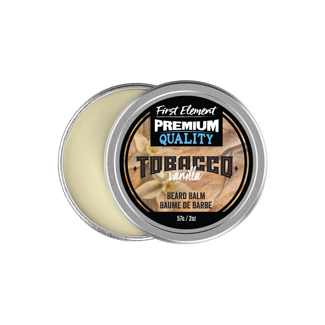 Tobacco Vanilla Beard Balm - First Element Premium Tobacco Vanilla scented Beard Balm. Our Beard Balm comes in a nice 2oz metal tin with a screw on top with a tamper evident seal. Premium quality, hand made in Canada, all natural, hand poured beard balm