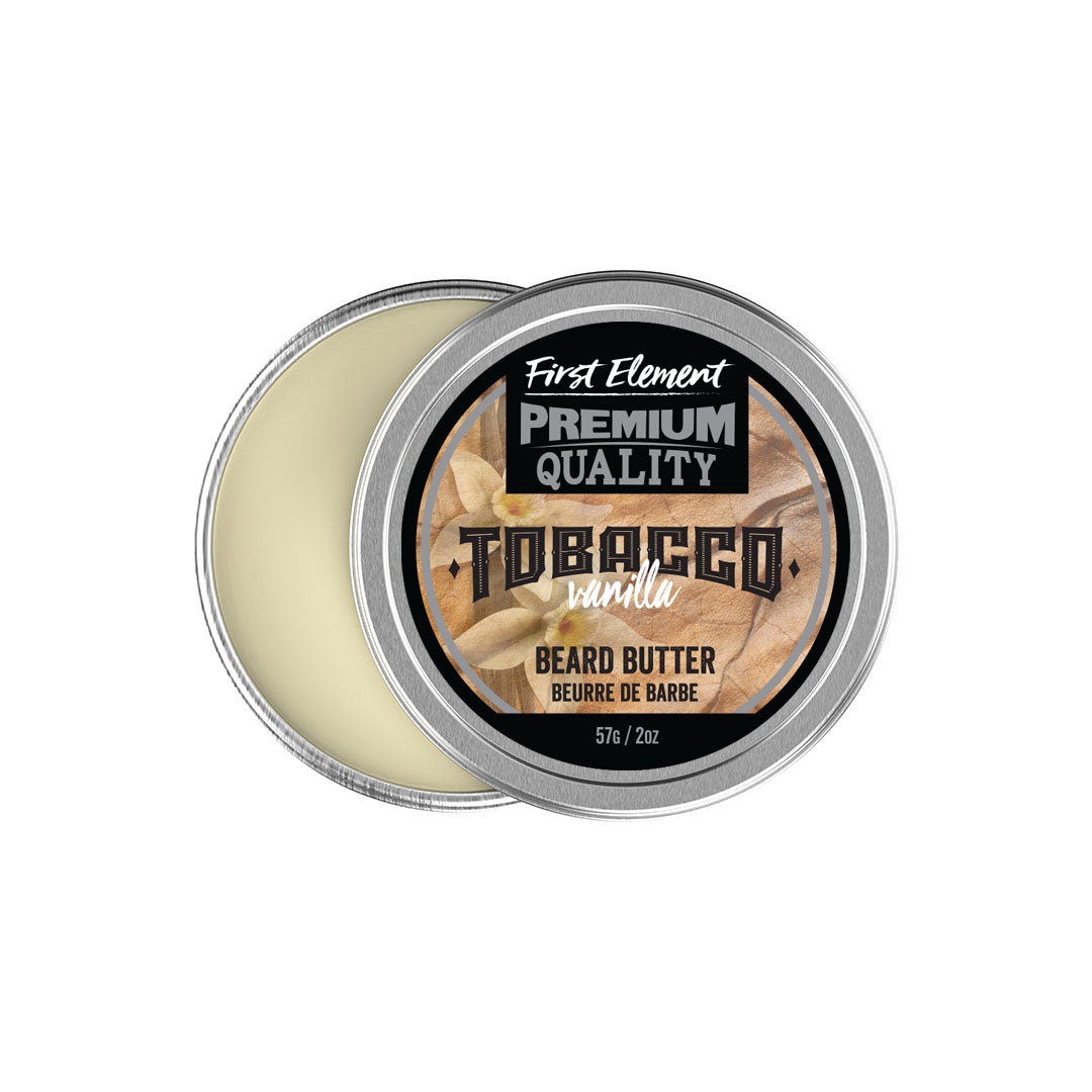 Tobacco Vanilla Beard Butter - First Element Premium Tobacco Vanilla scented Beard Butter. Our Beard Butter comes in a nice 2oz metal tin with a screw on top with a tamper evident seal. Premium quality, hand made in Canada, all natural, hand poured beard butter. 