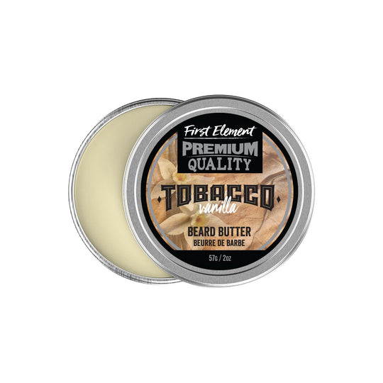 Tobacco Vanilla Beard Butter - First Element Premium Tobacco Vanilla scented Beard Butter. Our Beard Butter comes in a nice 2oz metal tin with a screw on top with a tamper evident seal. Premium quality, hand made in Canada, all natural, hand poured beard butter. 