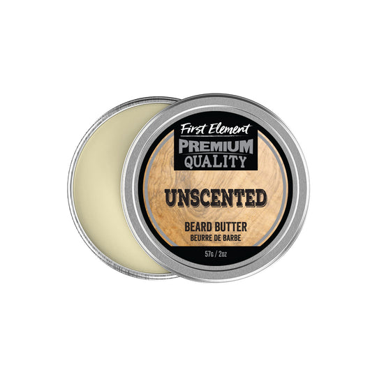 A metal tin of Unscented Beard Butter, featuring Canadian flag colors. Text reads 'Premium Unscented Beard Butter, Made in Canada.' Ingredients include Shea Butter, and it's cruelty-free. 2oz size with screw-on top.