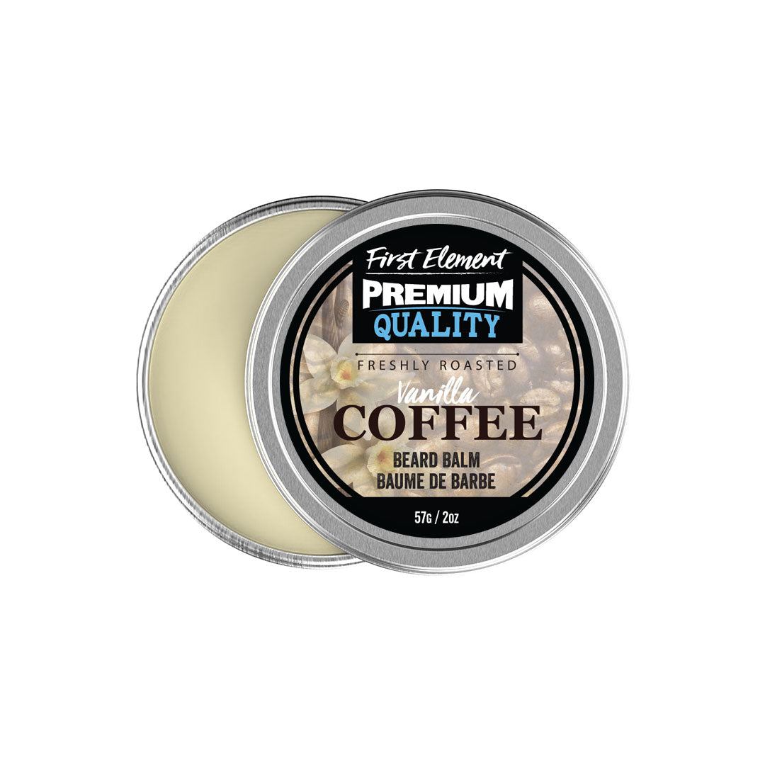 Vanilla Coffee Beard Balm - First Element  Premium Vanilla Coffee scented Beard Balm. Our Beard Balm comes in a nice 2oz metal tin with a screw on top with a tamper evident seal. Premium quality, hand made in Canada, all natural, hand poured beard balm